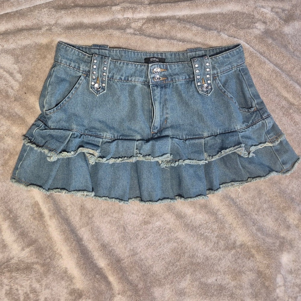 Social Collision Denim Tiered Ruffle Mini Skirt Studded Blue Y2K Grunge Large